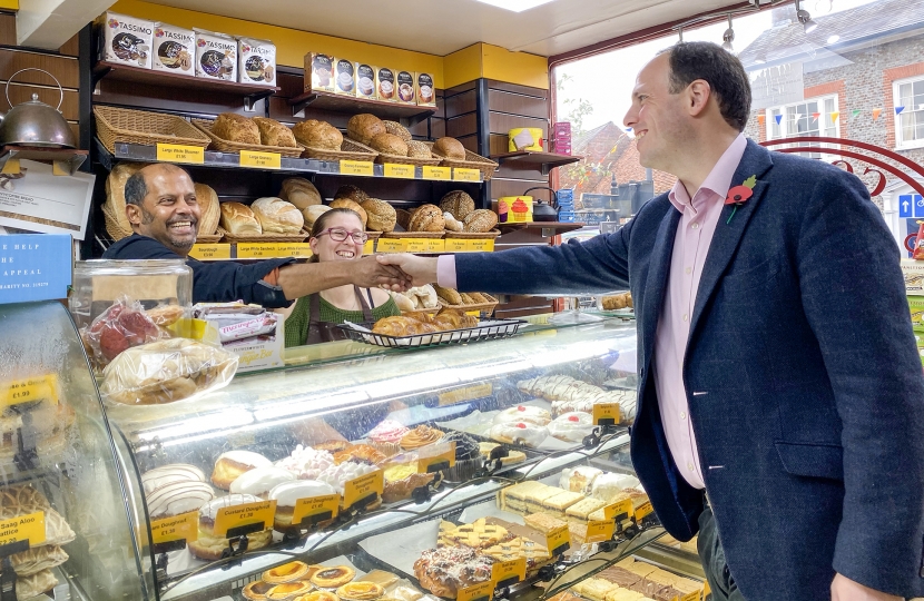 Greg wants to ensure our high streets flourish with independent traders.   He’s pictured here meeting staff at  Godwin’s Bakery, Princes Risborough.