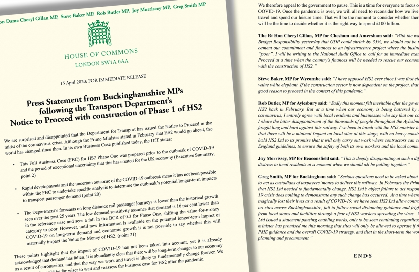 Statement from Buckinghamshire MPs following the Transport Department’s Notice to Proceed with construction of Phase 1 of HS2