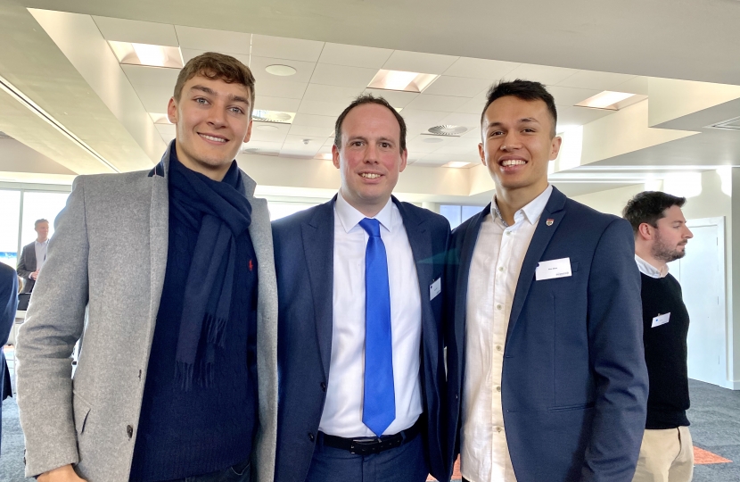 Greg Smith MP with F1 drivers Alex Albon and George Russell at Silverstone