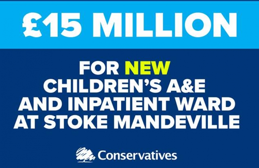 Greg welcomes £15 million government funding to provide a children's A&E facility at Stoke Mandeville