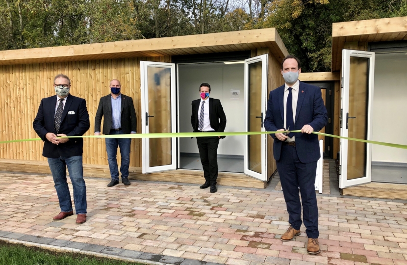 Greg cuts the ribbon to formally open the new changing rooms at Waddesdon Cricket Club, accompanied by Sport Minister Nigel Huddleston MP, Cllr Clive Harriss and Cllr Paul Irwin.